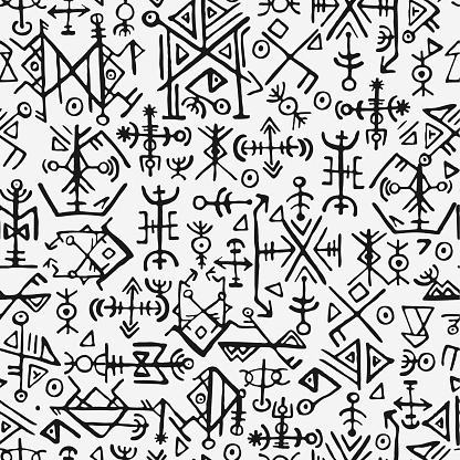 Futhark norse islandic and viking symbol seamless pattern. Magic hand draw symbols as scripted talismans repeatable background. ancient Iceland seamless. Ethnic norse viking pattern design on grey background