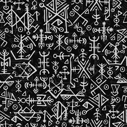 Futhark norse islandic and viking symbol seamless pattern. Magic hand draw symbols as scripted talismans repeatable background. ancient Iceland seamless. Ethnic norse viking pattern design on black background