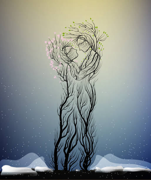 couple of people look like tree branches silhouettes, two lovers concept, tree hug each other in cold winter weather, vector art illustration