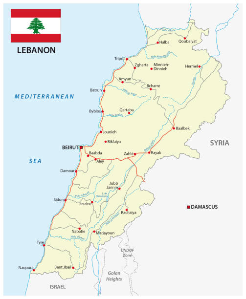 droga wektorowa mapa republiki libańskiej z flagą - tripoli stock illustrations