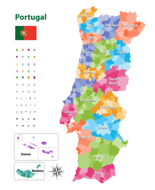 vektorkarte von portugal bezirken und autonomen regionen, gemeinden unterteilt. jeder region haben eigene farbpalette. flagge von portugal. navigation, lage und anreise-symbole - guarda stock-grafiken, -clipart, -cartoons und -symbole