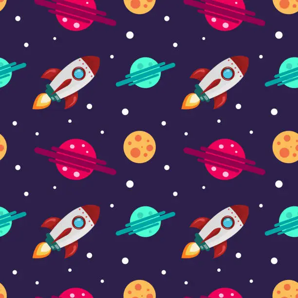 Vector illustration of Seamless pattern on the theme of space. Cosmic objects set of various planets, rocket, stars and asteroids.