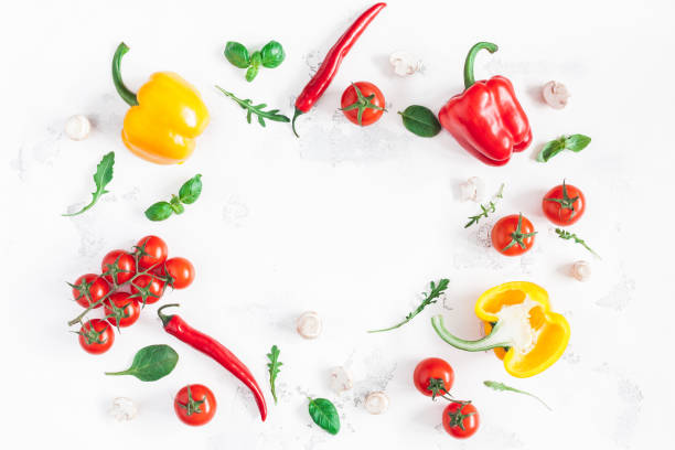 istock Healthy food on white background. Flat lay, top view 917174534