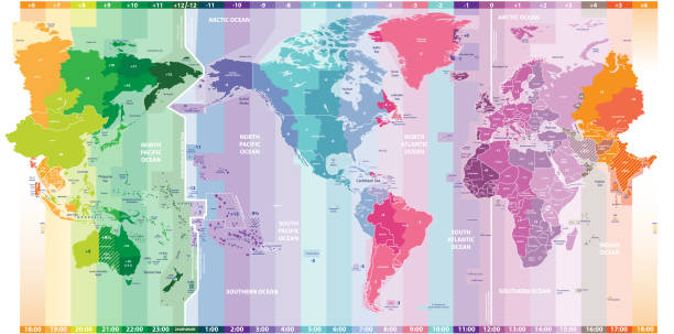 ilustraciones, imágenes clip art, dibujos animados e iconos de stock de mapa del mundo vectorial de zonas horarias locales centrado por américa - mapa de husos horarios