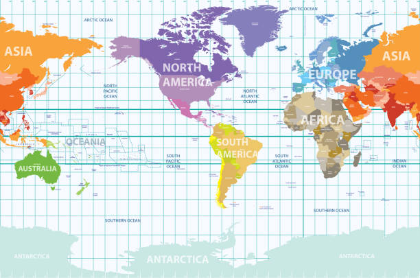 illustrations, cliparts, dessins animés et icônes de carte politique du monde centrée en amérique - zone équatoriale