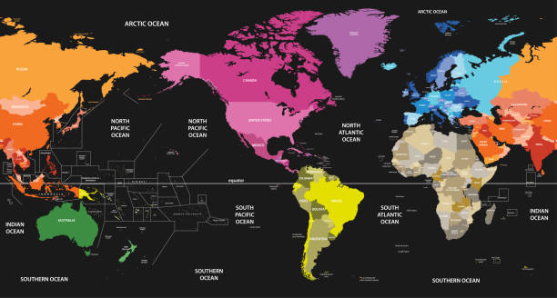 illustrations, cliparts, dessins animés et icônes de carte politique du monde centrée en amérique - zone équatoriale