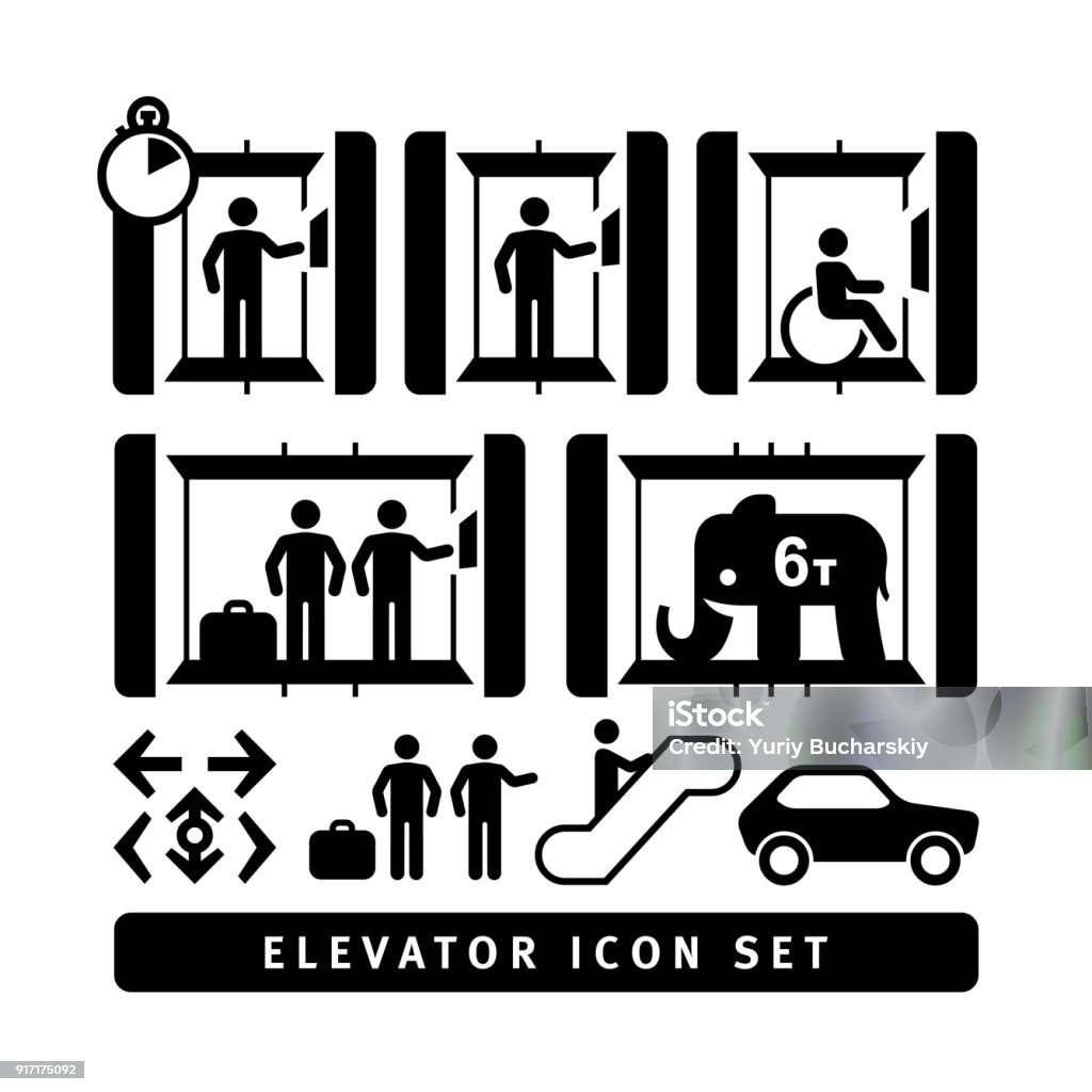 Vector illustration Simple vector elevator icon set with sign, arrows, car and rerson. Adult stock vector