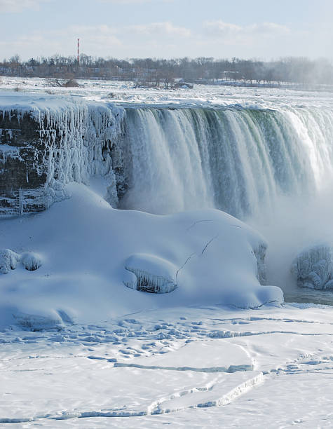The Canadian Falls known as the Horseshoe Falls or Rainbow Falls in beautiful winter white after a layer of fresh snow has coated the surrounding world.