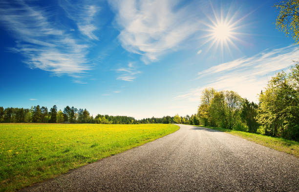 Road panorama on sunny spring day asphalt road panorama in countryside on sunny spring day.. Route in beautiful nature landscape with sun, blue sky, green grass and dandelions sunny day stock pictures, royalty-free photos & images