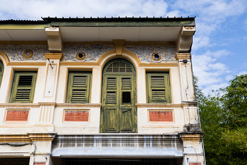 Facade of the old building located in UNESCO Heritage Zone, Penang in Malaysia