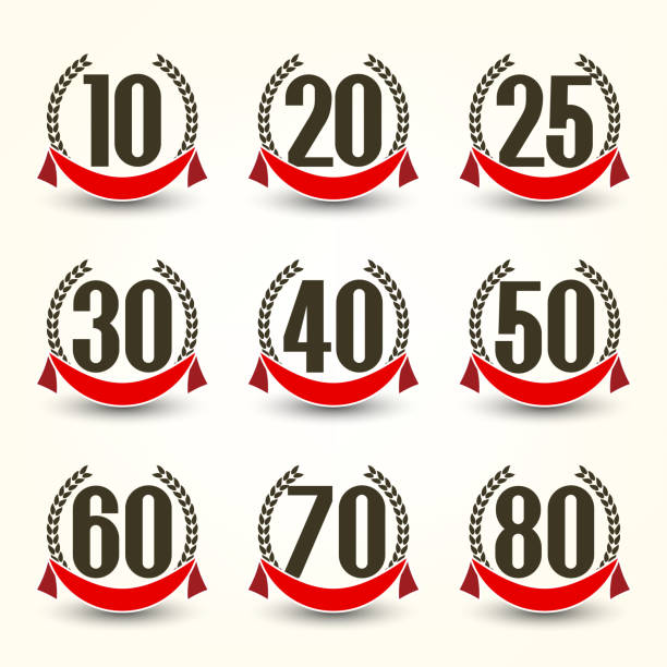 ilustrações, clipart, desenhos animados e ícones de coleção do logotipo de aniversário. logotipos de celebração do ano de 10, 20, 25, 30, 40, 50, 60º, 70º, 80º. - anniversary number 10 year number 40