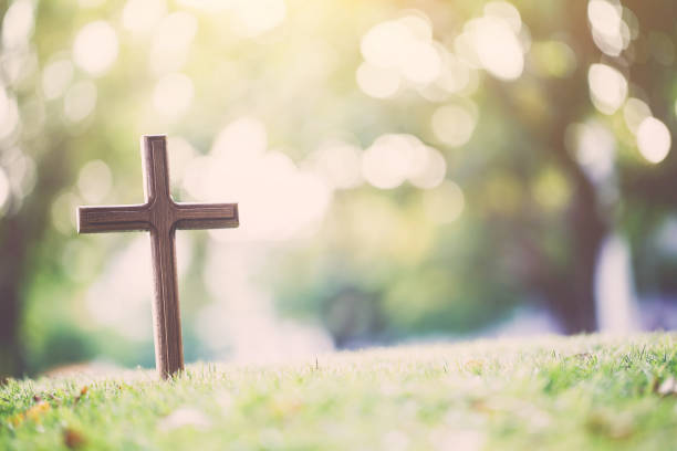 religion cross cemetery grave landscaping view ground hill flower bed vivid green grass cover spring time blooming garden peaceful nature environment on forest edge