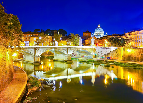 St. Peter's Basilica and Bridge King Victor Emmanuel II in Rome at night