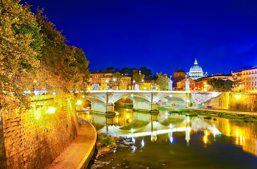 St. Peter's Basilica and Bridge King Victor Emmanuel II in Rome at night