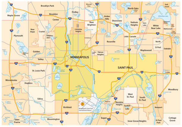 ilustraciones, imágenes clip art, dibujos animados e iconos de stock de camino de minneapolis-saint paul y mapa administrativo - st paul illustrations