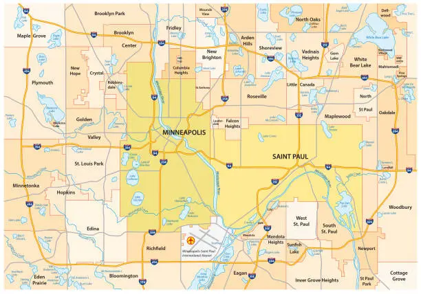 Vector illustration of Minneapolis-Saint Paul road and administrative map