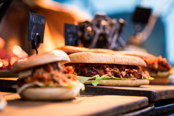 Freshly flame grilled pulled pork burgers