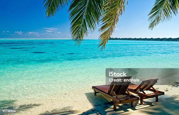 Two Canvas Lounge Chairs Sit Next To The Ocean On A Beach Stock Photo - Download Image Now