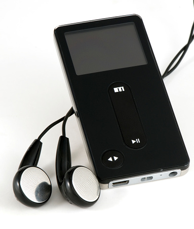 classic portable mp3 player on a blue background.