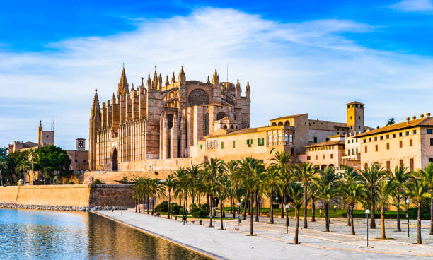 Cathedral La Seu and Parc del Mar in Palma de Majorca Spain Spain Majorca, Cathedral of Palma de Mallorca, Balearic islands cathedrals stock pictures, royalty-free photos & images