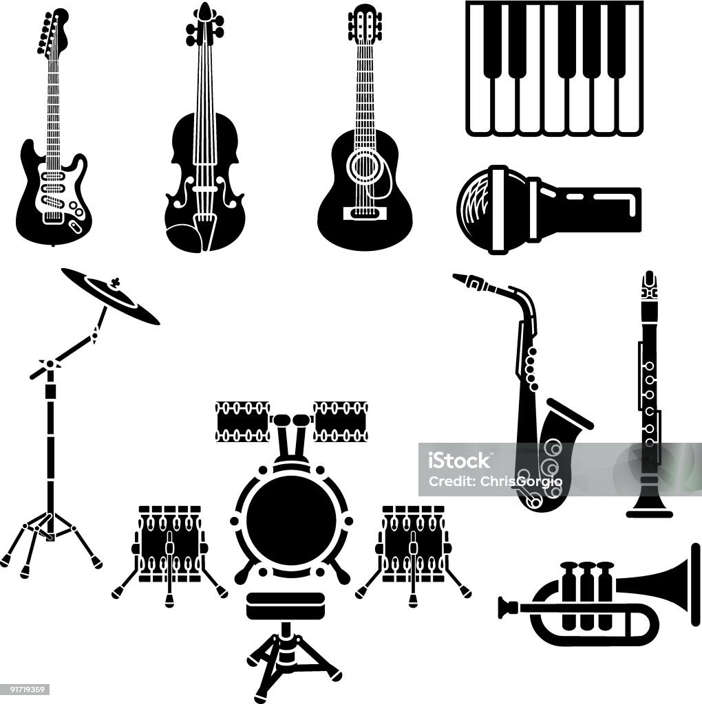 Musical Instrument Icon Set A vector icon set of musical instrument simple outline silhouettes Electric Guitar stock vector