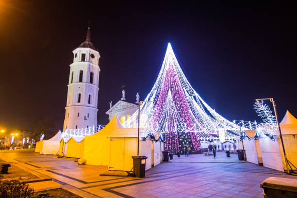istock VILNIUS, LITHUANIA - DECEMBER 31 2017: night view of the christmas tree on central square, belfry and Cathedral of St. Stanislaus and St. Vladislav on the new years eve 917194552