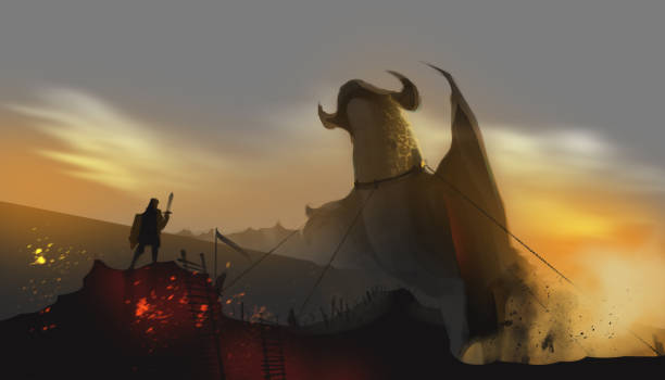 istock a dragon chained by the knight in abandoned land, fairy tale concept, digital art illustration painting. 917194846