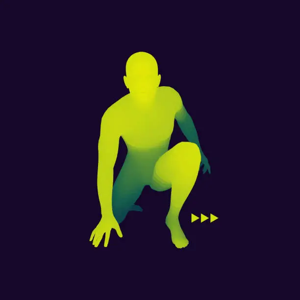 Vector illustration of Athlete at Starting Position Ready to Start a Race. Runner Ready for Sports Exercise. Human Body Модель. Sport Symbol. 3d Vector Illustration.