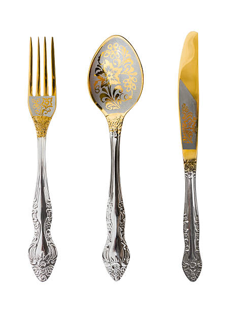 gabel, löffel und messer - flatware silverware in a row eating utensil stock-fotos und bilder