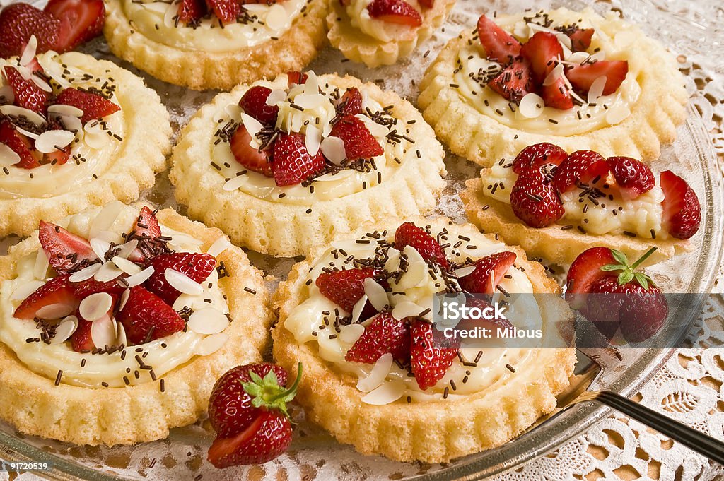 Round cake with fresh strawberries  Almond Stock Photo