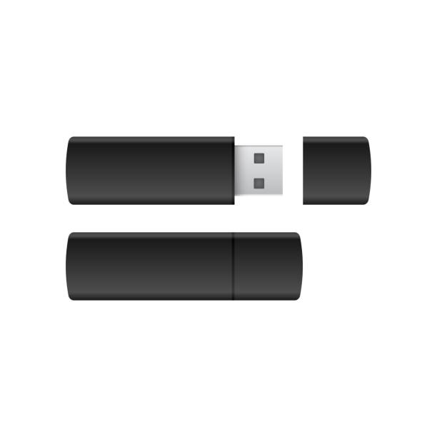 ilustraciones, imágenes clip art, dibujos animados e iconos de stock de negro usb pendrives en vector de fondo blanco - usb cable laptop stick computer equipment