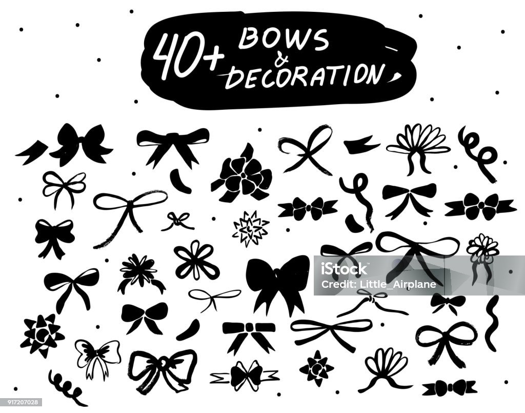 Vector hand drawn bows set. Black doodle decor isolated icons collections for decoration, web design, logo, app, UI. Tied Bow stock vector