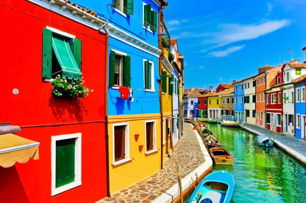 Photo of Colorful Venetian houses along the canal at the Islands of Burano in Venice.