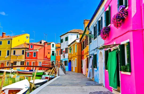 Photo of Colorful Venetian houses along the canal at the Islands of Burano in Venice.