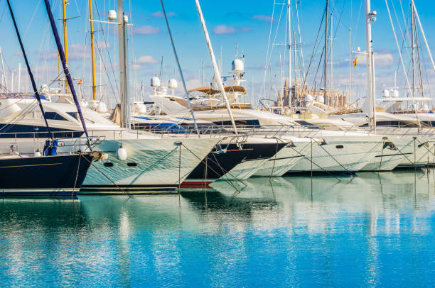 роскошные лодки на пристани пальма-де-майорка испания - majorca yacht palma marina стоковые фото и изображения