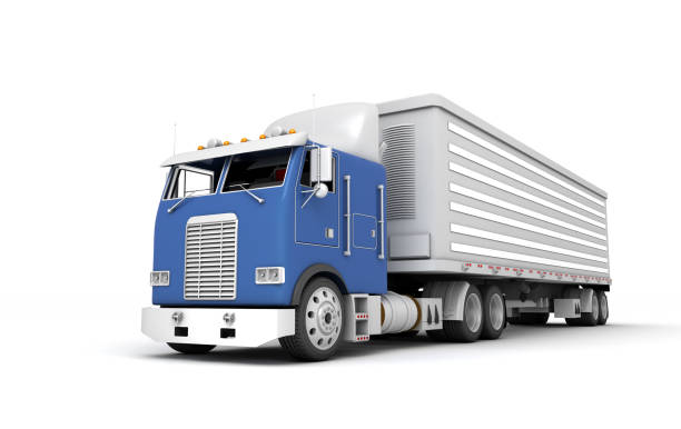 istock Logistics concept. American Freightliner Cargo truck transporting goods moving from right to left isolated on white background. Front perspective view. 3D illustration 917210494