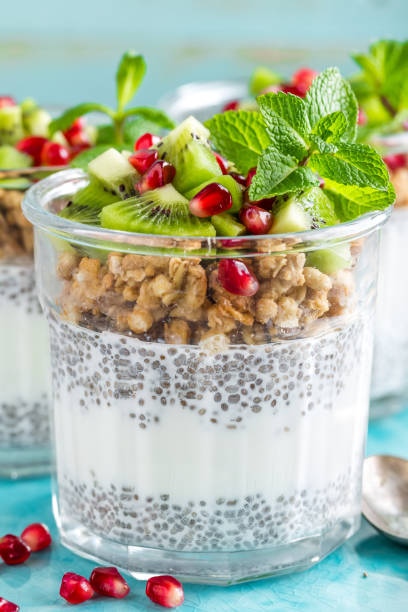 istock Layered chia pudding parfait with kiwi fruit, pomegranate, granola and yogurt, healthy breakfast 917211098