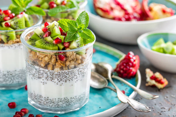 istock Layered chia pudding parfait with kiwi fruit, pomegranate, granola and yogurt, healthy breakfast 917211130