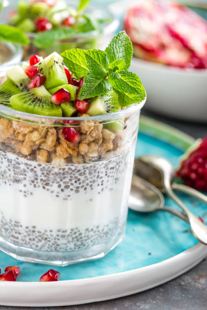 istock Layered chia pudding parfait with kiwi fruit, pomegranate, granola and yogurt, healthy breakfast 917211206