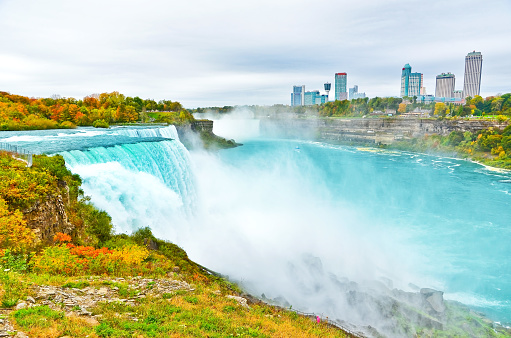 View of Niagara Falls from American side in autumn.