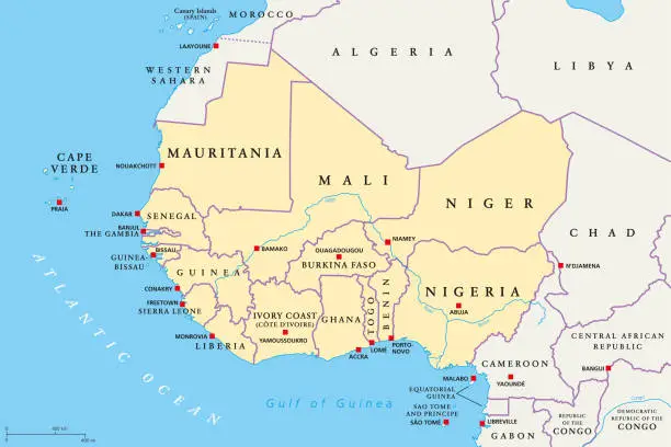 Vector illustration of West Africa region, political map