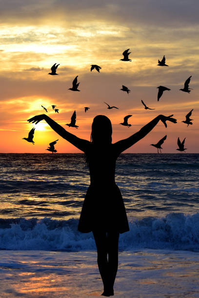 istock Young woman silhouette with birds on the seaside 917211694