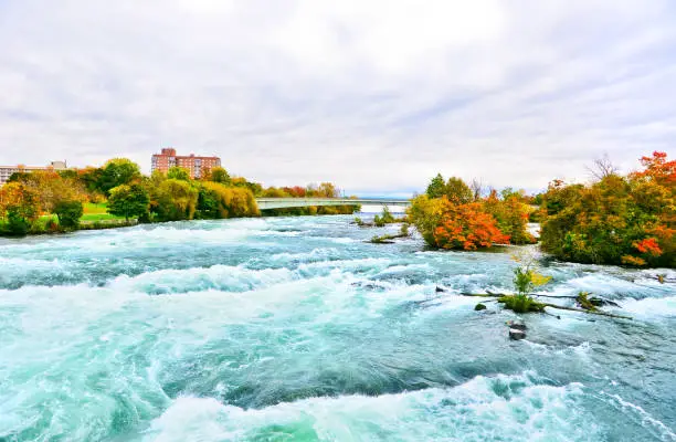 Photo of Upstream of Niagara Falls from American side in autumn.