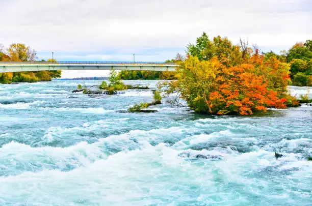 Photo of Upstream of Niagara Falls from American side in autumn.