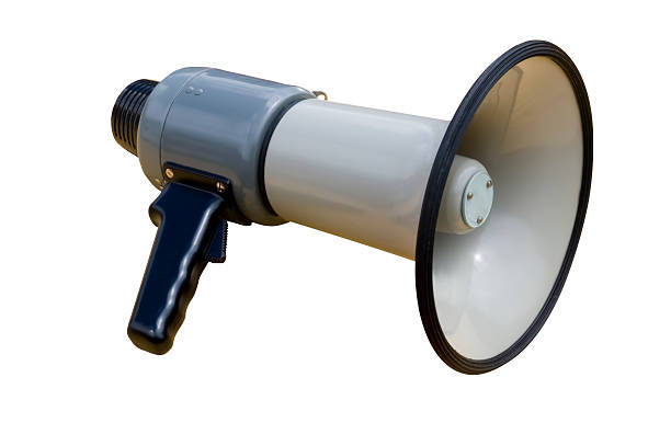 istock Side of a blue and white megaphone on a white background 91721252