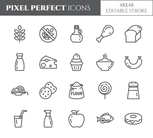 ilustraciones, imágenes clip art, dibujos animados e iconos de stock de gluten productos gratis tema pixel perfecto delgada línea iconos. conjunto de elementos de trigo, carne, frutas, pasteles y otros dieta relacionada con pictogramas. ilustración de vector. 48 x 48 píxeles. movimiento editable - healthy eating red colors healthcare and medicine