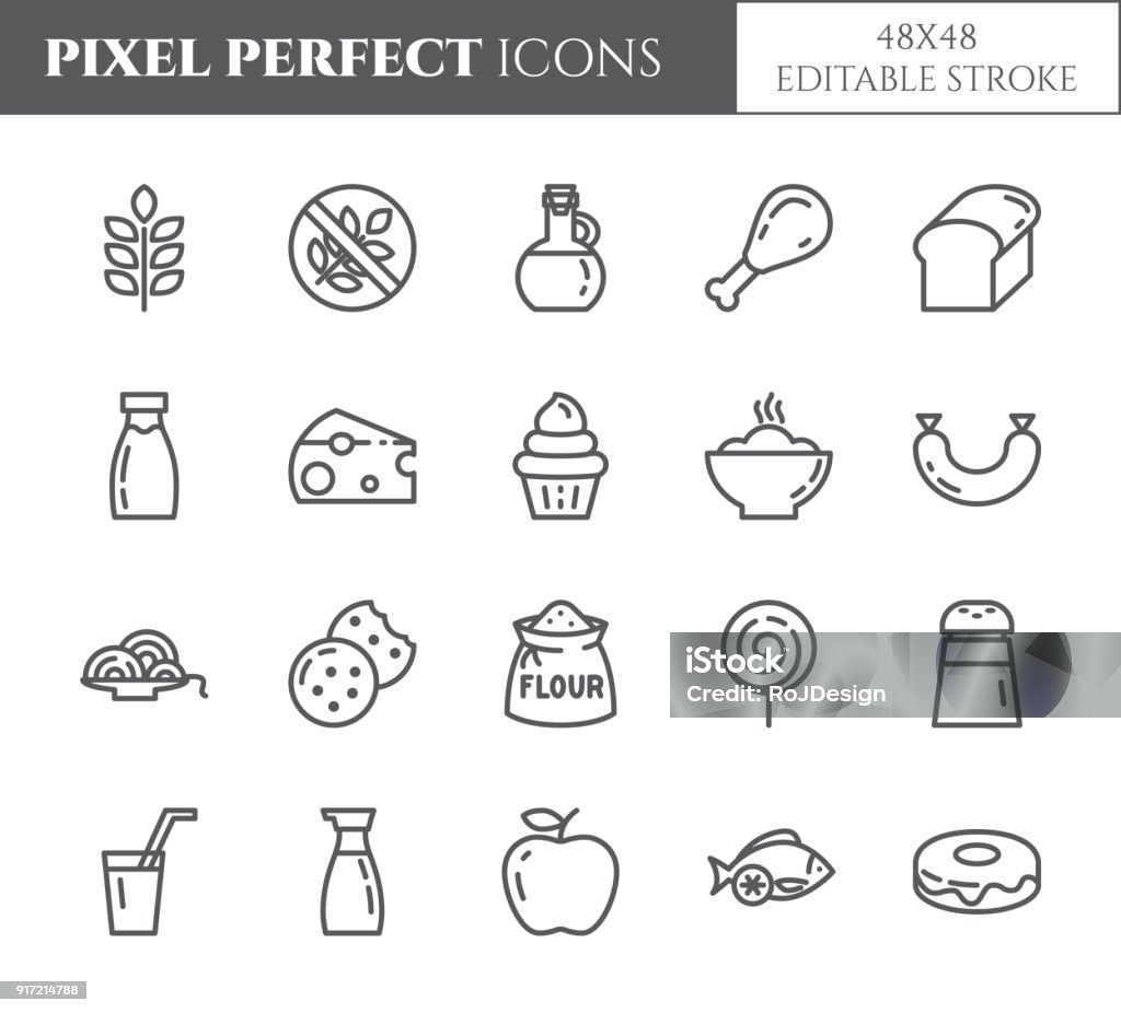 Gluten free products theme pixel perfect thin line icons. Set of elements of wheat, meat, fruits, cakes and other diet related pictograms. Vector illustration. 48x48 pixels. Editable stroke Gluten free products theme pixel perfect thin line icons. Set of elements of wheat, meat, fruits, cakes and other diet related pictograms. Vector illustration. 48x48 pixels. Editable stroke. Icon Symbol stock vector