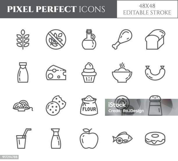 Gluten Free Products Theme Pixel Perfect Thin Line Icons Set Of Elements Of Wheat Meat Fruits Cakes And Other Diet Related Pictograms Vector Illustration 48x48 Pixels Editable Stroke Stock Illustration - Download Image Now