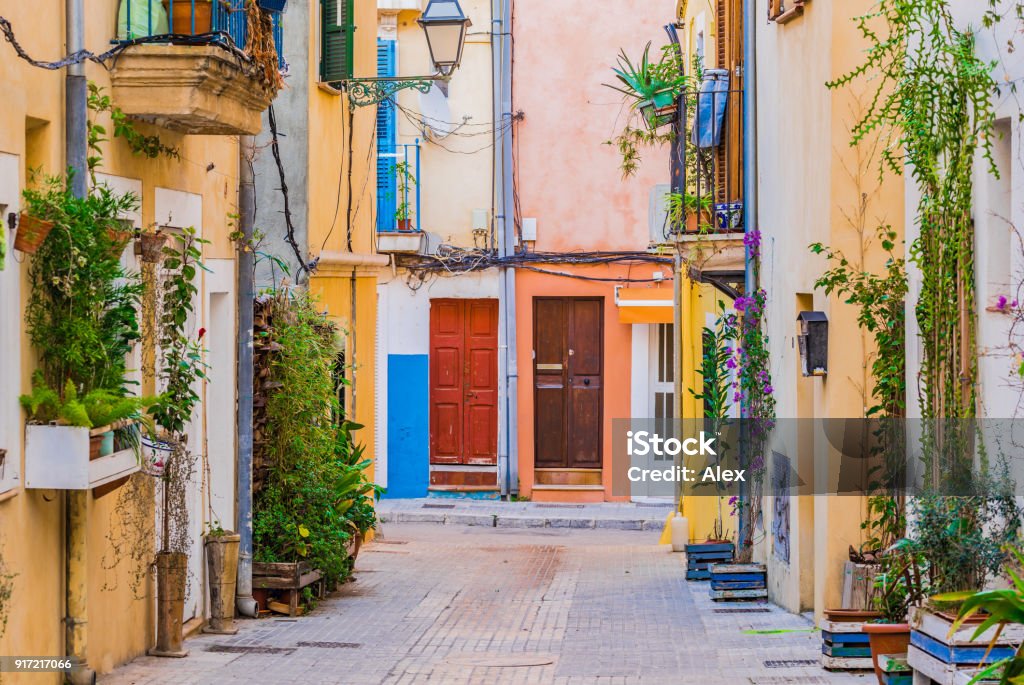 Colorful city of Palma de Majorca, Spain View of colorful houses in Palma de Mallorca city, Spain Balearic islands Palma - Majorca Stock Photo