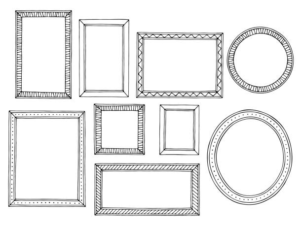 Picture frame graphic black white isolated sketch set illustration vector Picture frame graphic black white isolated sketch set illustration vector doodles and hand drawn frames stock illustrations